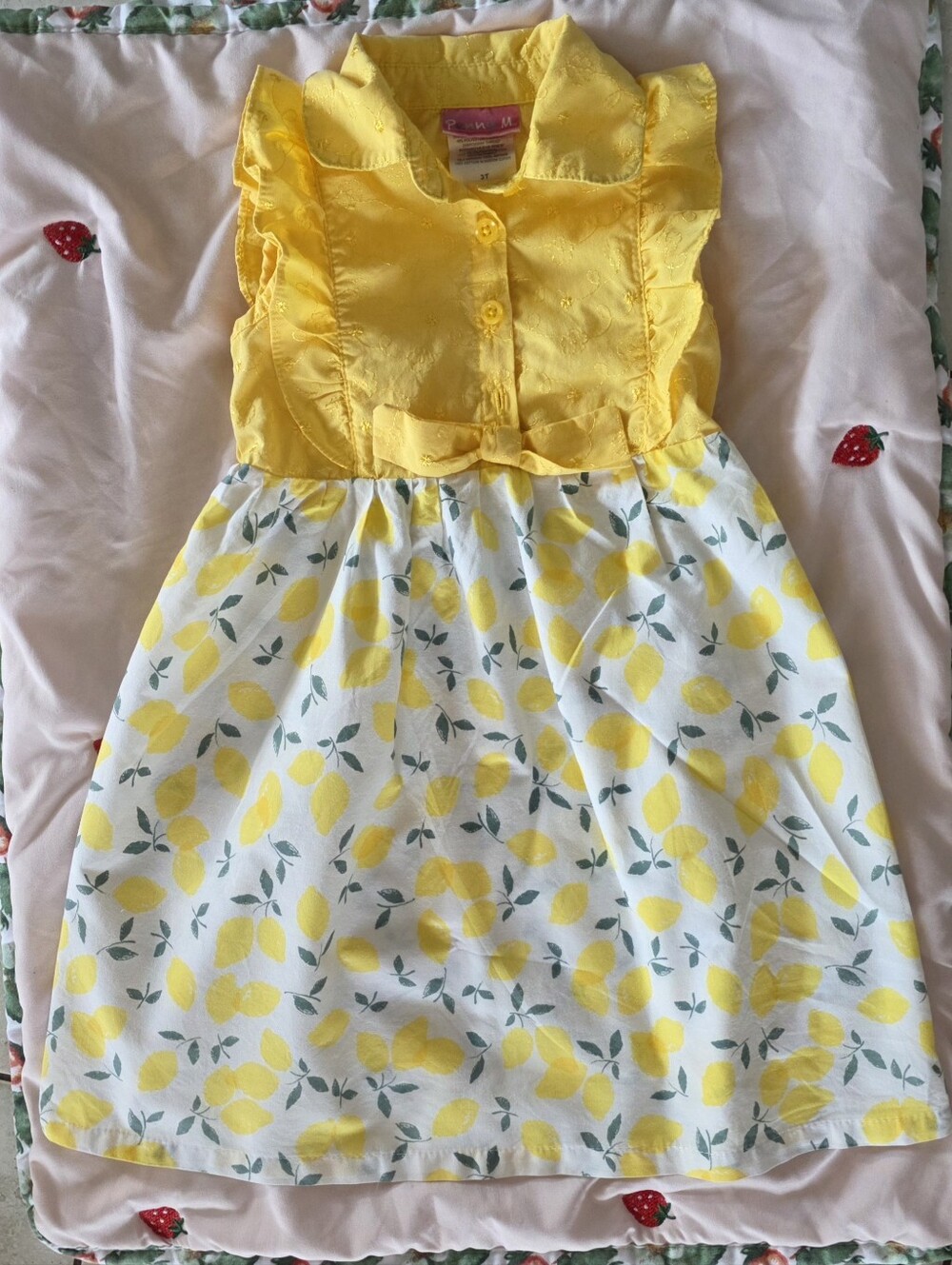 Penny M 3T Yellow Lemon Print Cotton Eyelet Bodice Sundress Ruffle Toddler Dress